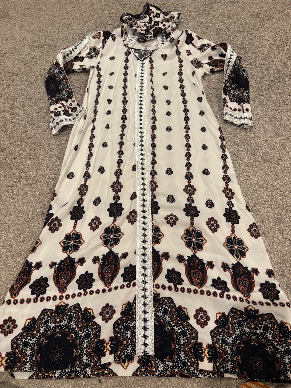 Bohemian Floral Maxi Dress in Cream with Black & Brown Print